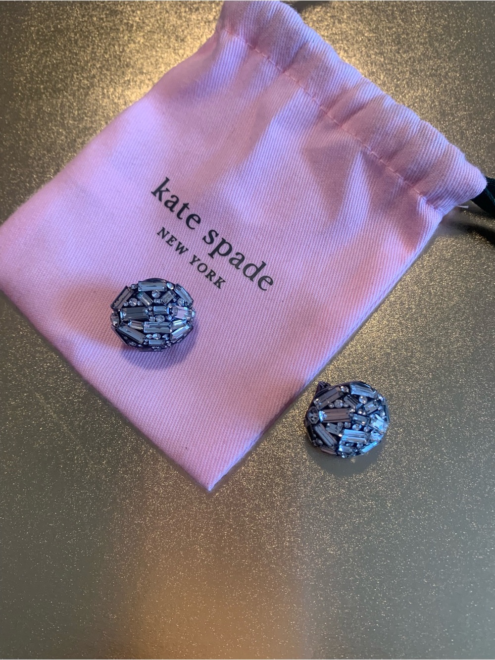 kate spade Silver Crystal Cluster Button Earrings with Pink Pouch
